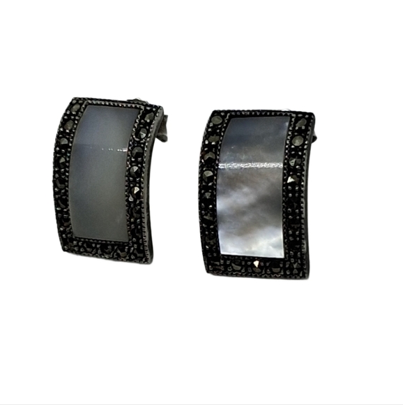 Vintage Sterling Silver Marcasite Mother of Pearl Earrings - Picture 4 of 5